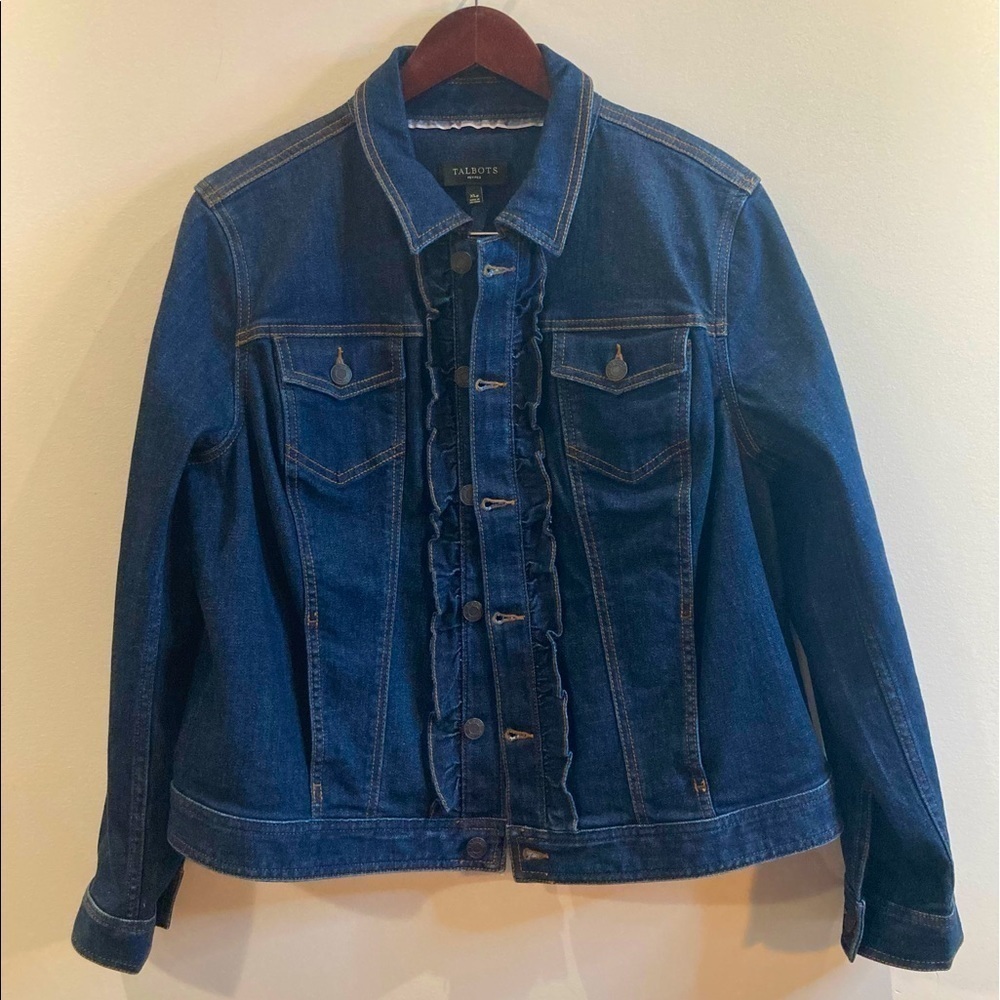TALBOTS Sz XLP Denim Jean Jacket With Front Pockets & Button Line Rufflels